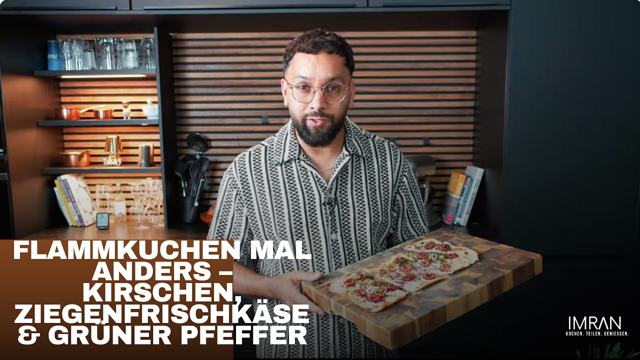 Flammkuchen mit Kirschen, Ziegenfrischkäse & grünem Pfeffer