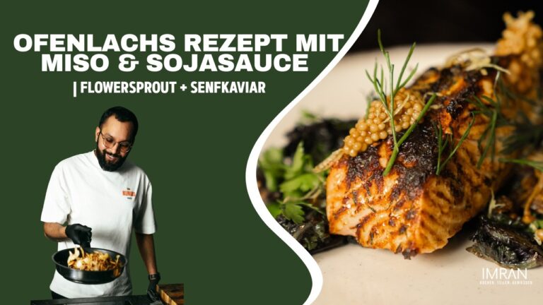 Ofenlachs mit Miso-Soja-Marinade, Flowersprout & Senfkaviar
