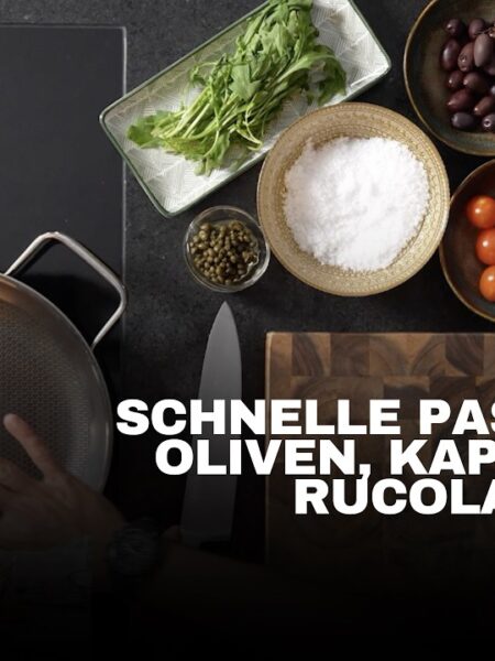 Schnelle Pasta mit Oliven, Kapern & Rucola
