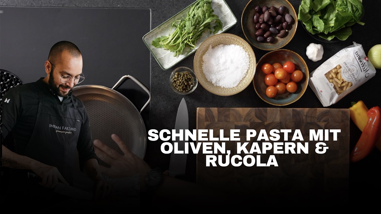 Schnelle Pasta mit Oliven, Kapern & Rucola
