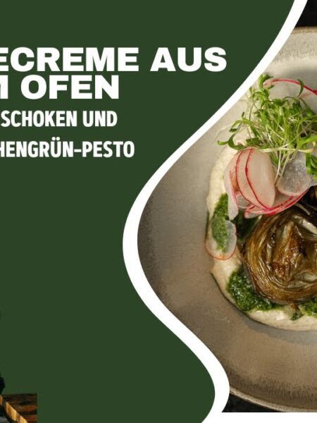 Selleriecreme aus dem Ofen mit Artischocken & Radieschengrün-Pesto