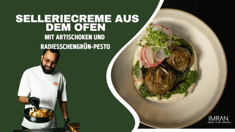 Selleriecreme aus dem Ofen mit Artischocken & Radieschengrün-Pesto