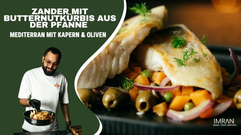 Zander mit Butternutkürbis aus der Pfanne, Kapern & Oliven